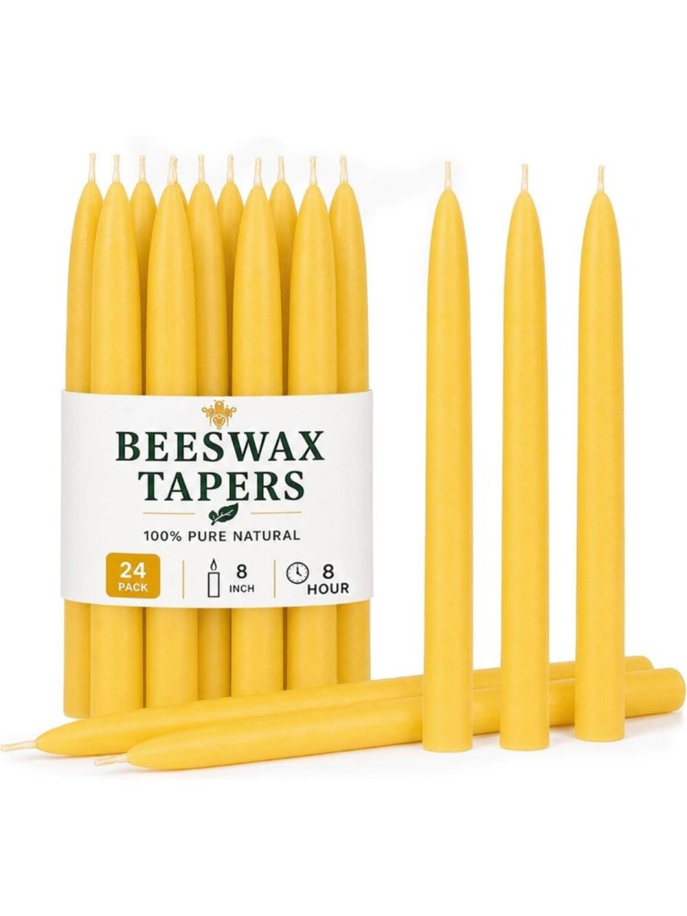 24 Pack Unscented Yellow Beeswax Taper Candles - 8 Inch Elegant Home Decor